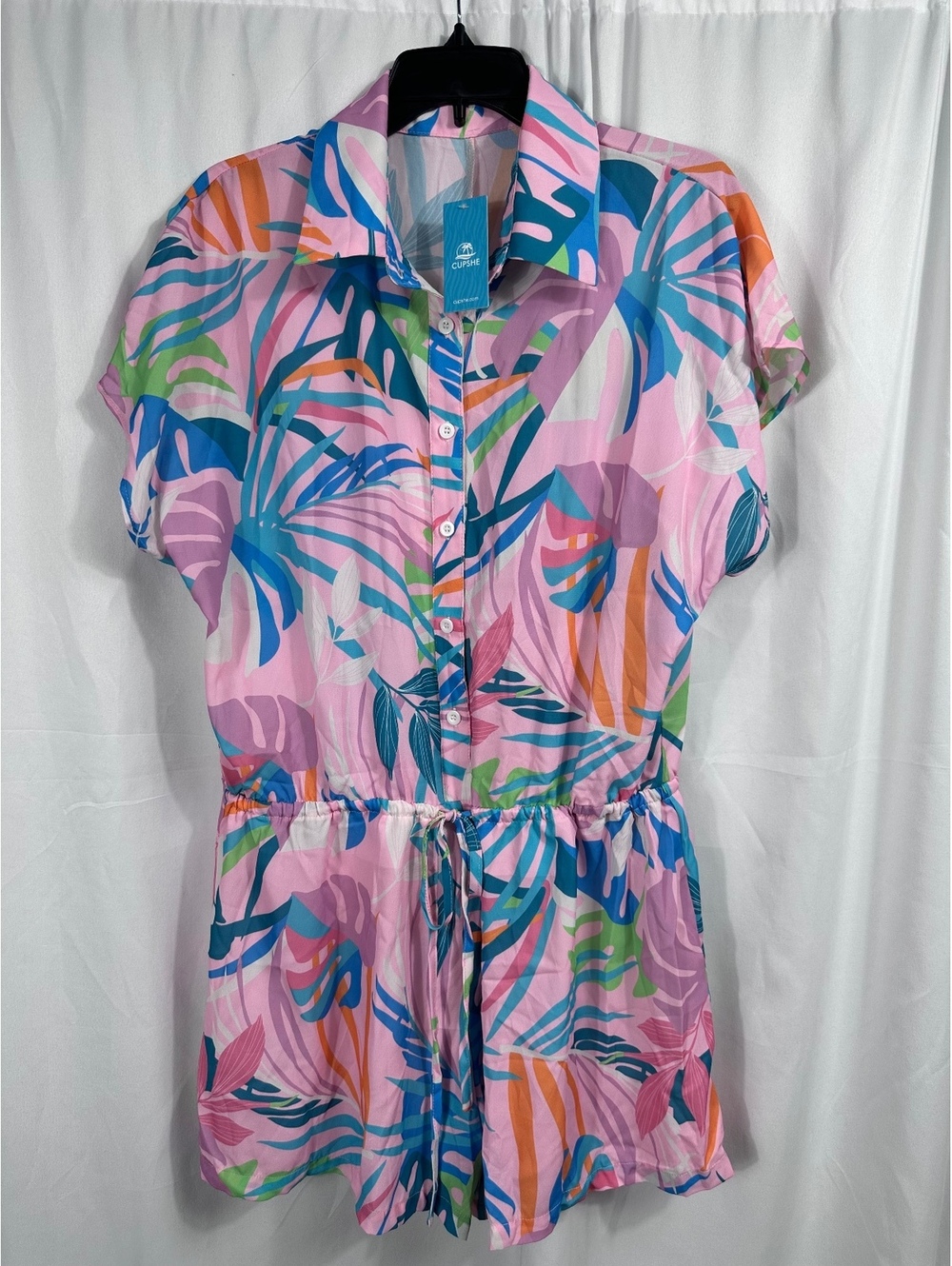 Cupshe Tropical Print Short Sleeve Button-Up Romper with Drawstring Waist Medium